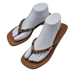 Na Na Womens Sz 9.5 Leather Flip Flop Sandals w/ Beaded Front Boho